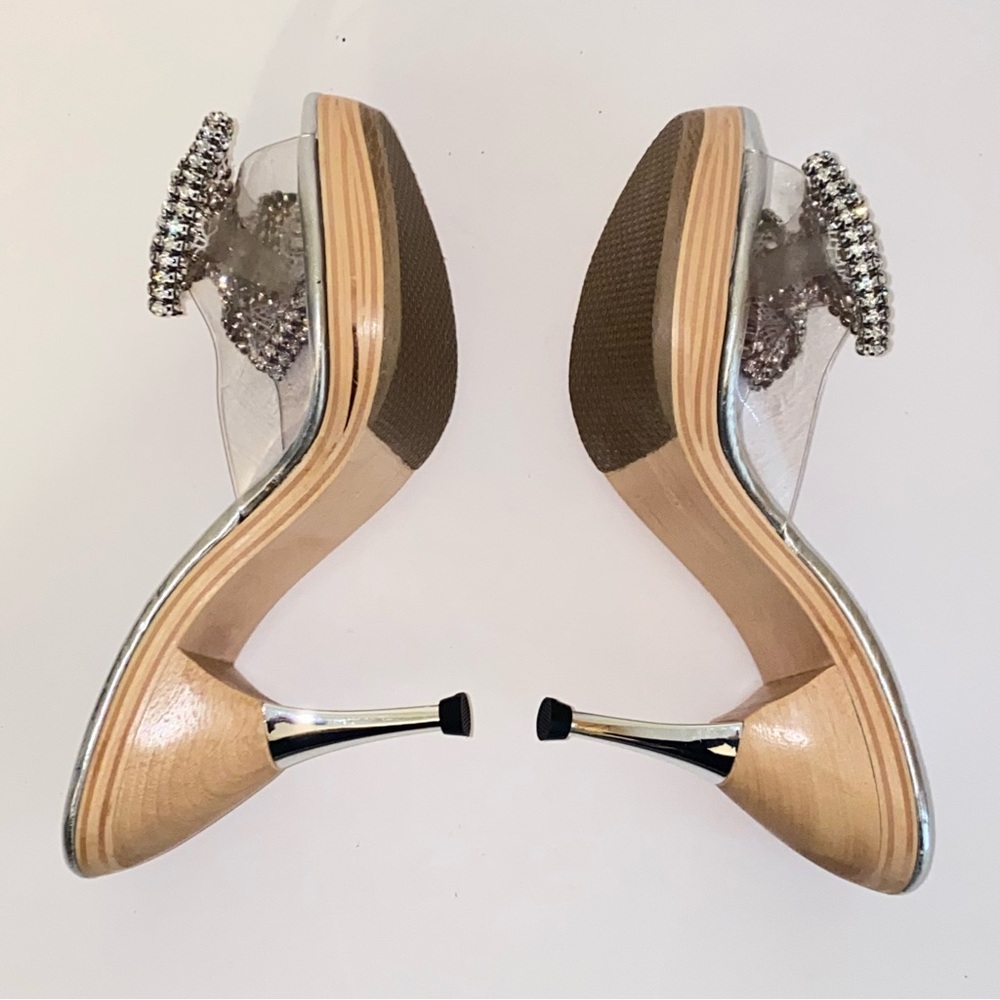 Vintage Betsey Johnson Polly Mules Rhinestone Bow Wood Heel Pin Up - Picture 9 of 14
